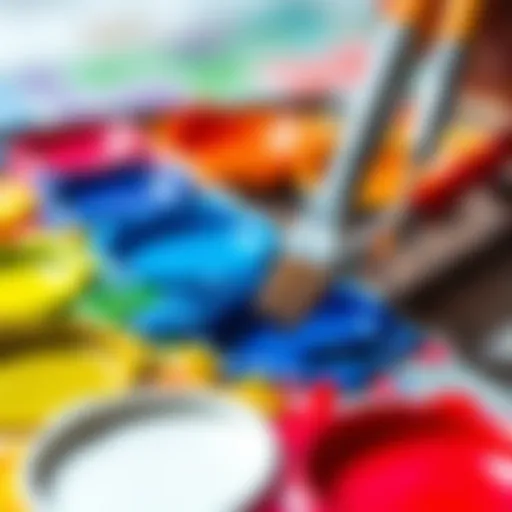 Vibrant acrylic paint palette with brushes