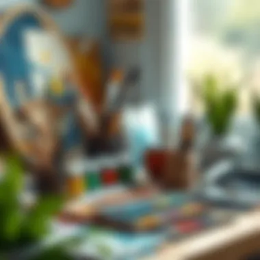 Artist's workspace with acrylic paints and brushes