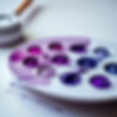 Palette displaying various shades of purple acrylic paint