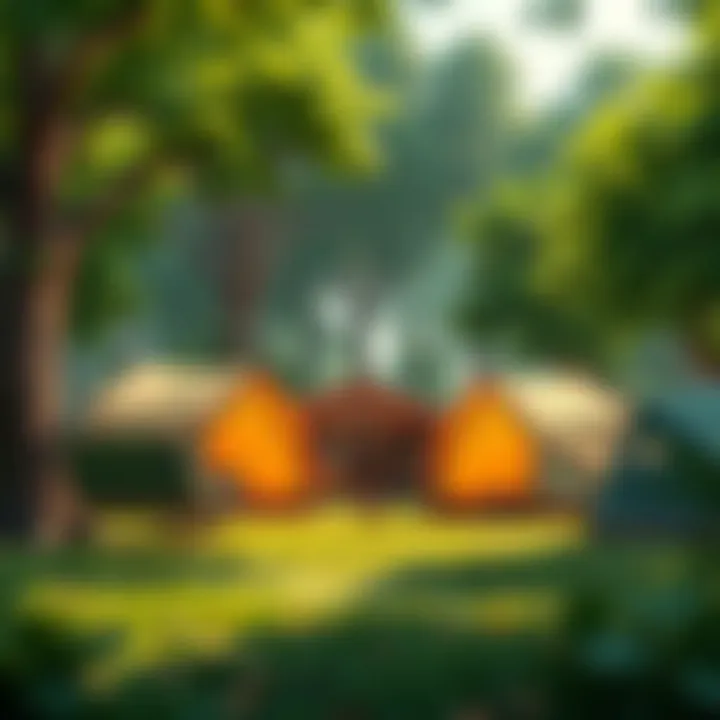 Camping setup with tents surrounded by lush trees
