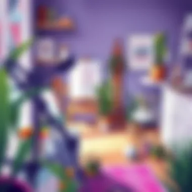 Creative Workspace with Hues of Purple An artist's workspace filled with paint and hues of purple