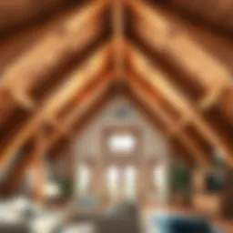 Elegant attic ceiling design featuring unique wooden beams.