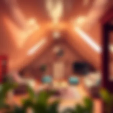Cozy Sloped Ceiling in Warm Tones Cozy attic with sloped ceiling and warm color palette.