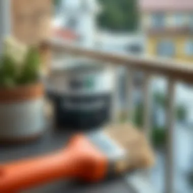 Close-up of paint can and brush ready for balcony project