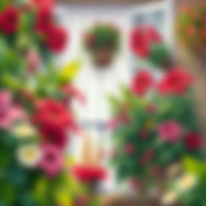 A lush balcony garden filled with vibrant flowers and greenery