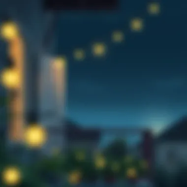 Creative use of string lights illuminating a balcony at dusk