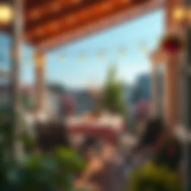 Cozy balcony dining area adorned with lights