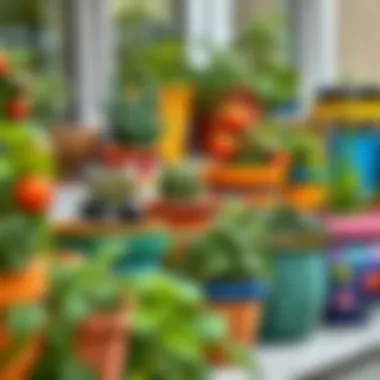Colorful pots filled with various vegetable plants