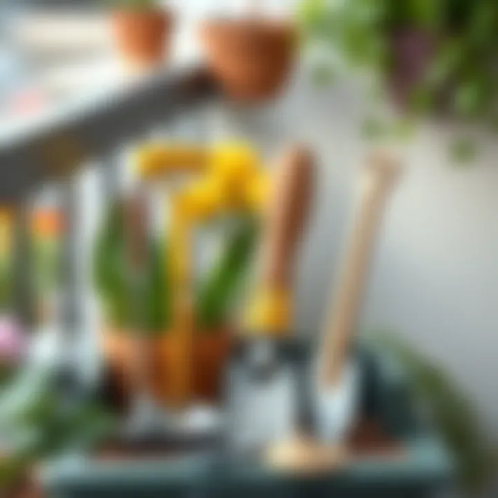 Gardening tools arranged neatly for balcony gardening