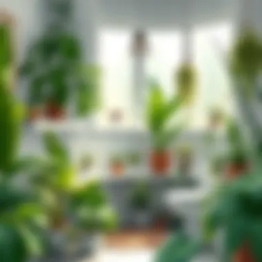 A tranquil bathroom with various types of indoor plants