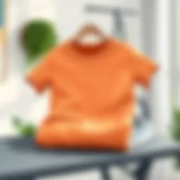 An illustration of a printed t-shirt neatly folded on an ironing board.