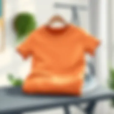 An illustration of a printed t-shirt neatly folded on an ironing board.