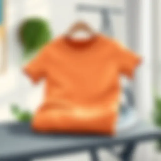 An illustration of a printed t-shirt neatly folded on an ironing board.