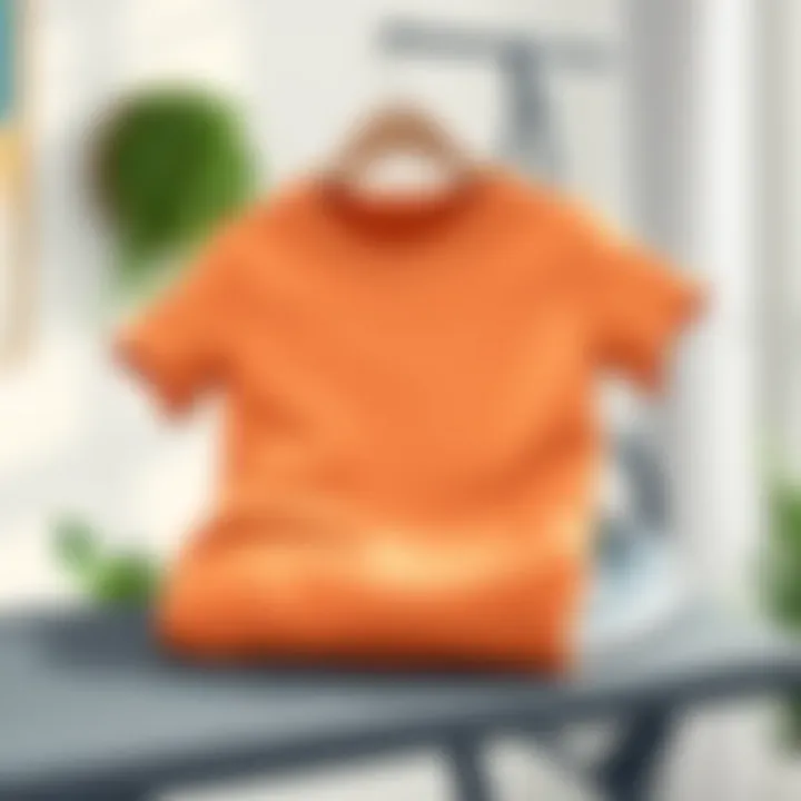 An illustration of a printed t-shirt neatly folded on an ironing board.