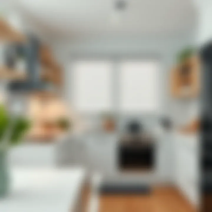 Stylish kitchen with white blinds complementing decor