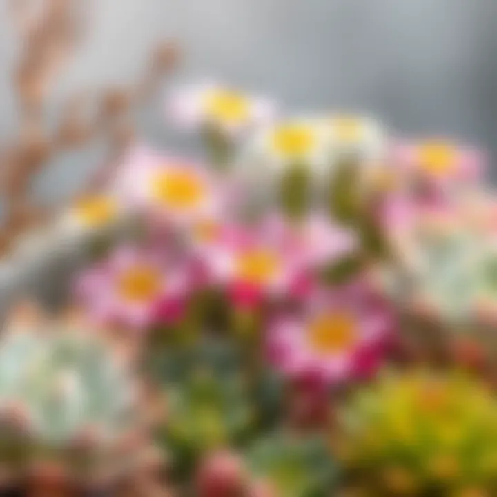 Beautiful blooming flowers among succulent plants, highlighting their coexistence