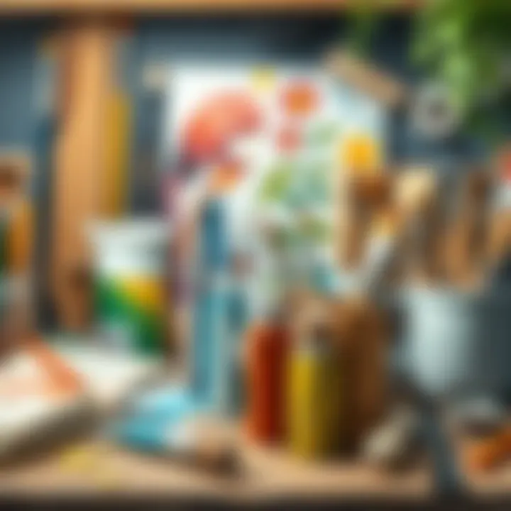 Artistic workspace featuring paint tubes and brushes