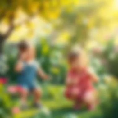 Children joyfully playing with bubbles in a garden