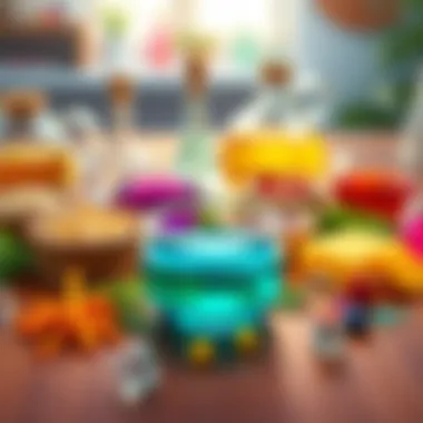 Colorful bubble mixture ingredients laid out on a table