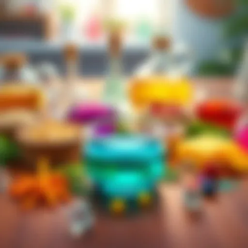 Colorful bubble mixture ingredients laid out on a table