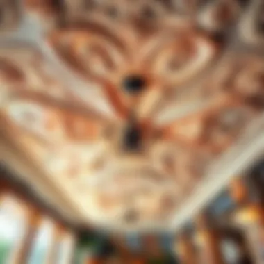 Artistic cafe ceiling showcasing creative plaster work and unique lighting