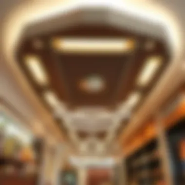 Modern cafe ceiling featuring geometric patterns and integrated LED lights