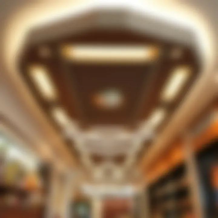 Modern cafe ceiling featuring geometric patterns and integrated LED lights