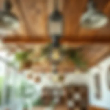Rustic cafe ceiling adorned with vintage hanging fixtures and natural elements