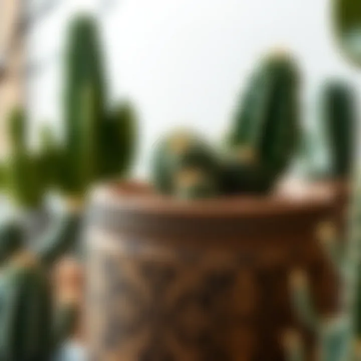 Artistic Cactus Pot Design Close-up of a beautifully designed cactus pot with intricate patterns