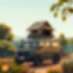 Tent set up on a vehicle roof amidst nature