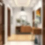 Stylish narrow entrance hall with modern portmanteau and decor