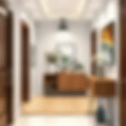 Stylish narrow entrance hall with modern portmanteau and decor