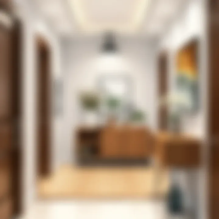 Stylish narrow entrance hall with modern portmanteau and decor