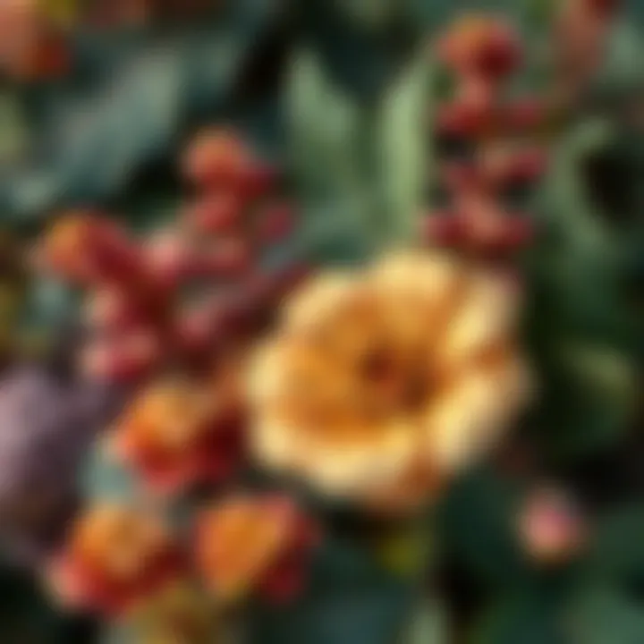 Detailed view of foliage and flowers in a rich color palette