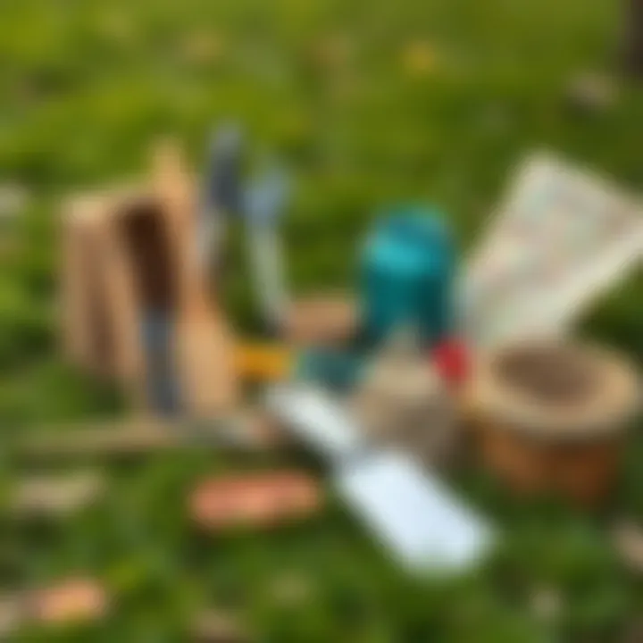 Tools and materials for a DIY garden project displayed on grass