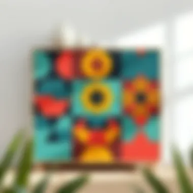 A modern cabinet with geometric patterns and vibrant colors