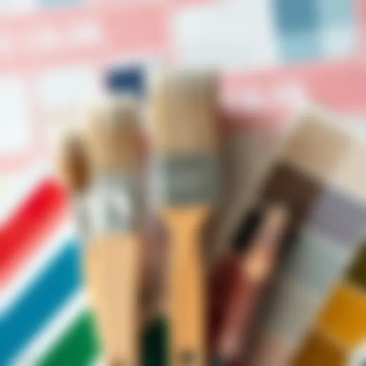 Close-up of paint brushes and color swatches ready for wall decoration