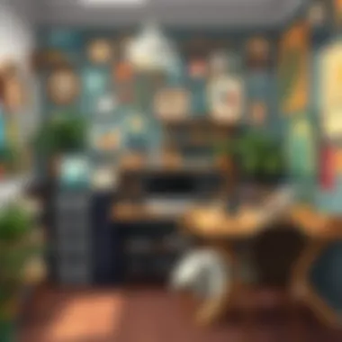 A cozy workspace featuring artistic wall designs and craftsmanship