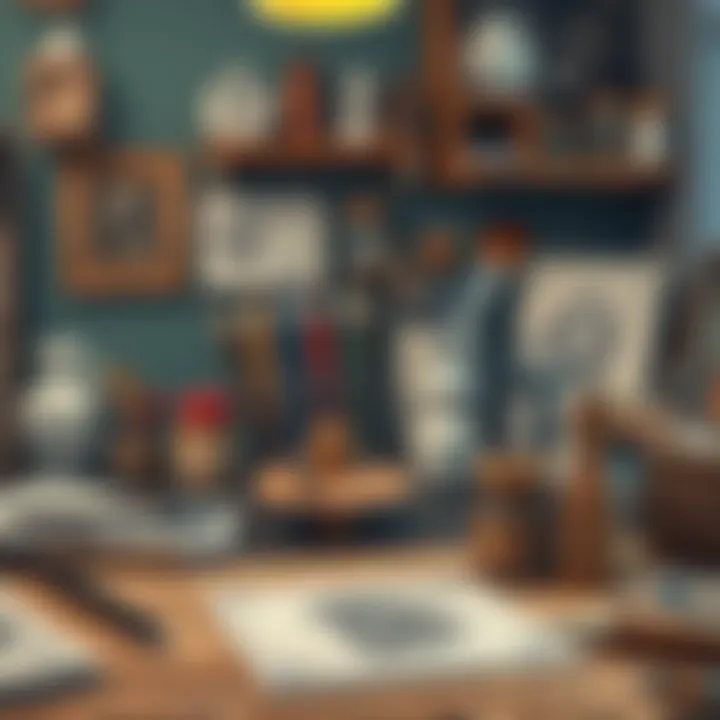 Creative workspace with engraving tools and materials