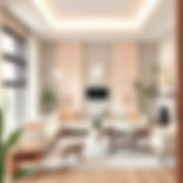 A serene living room featuring soft pastel shades