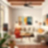 A harmonious living room showcasing soft neutral tones and vibrant accent colors