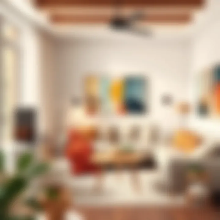 A harmonious living room showcasing soft neutral tones and vibrant accent colors