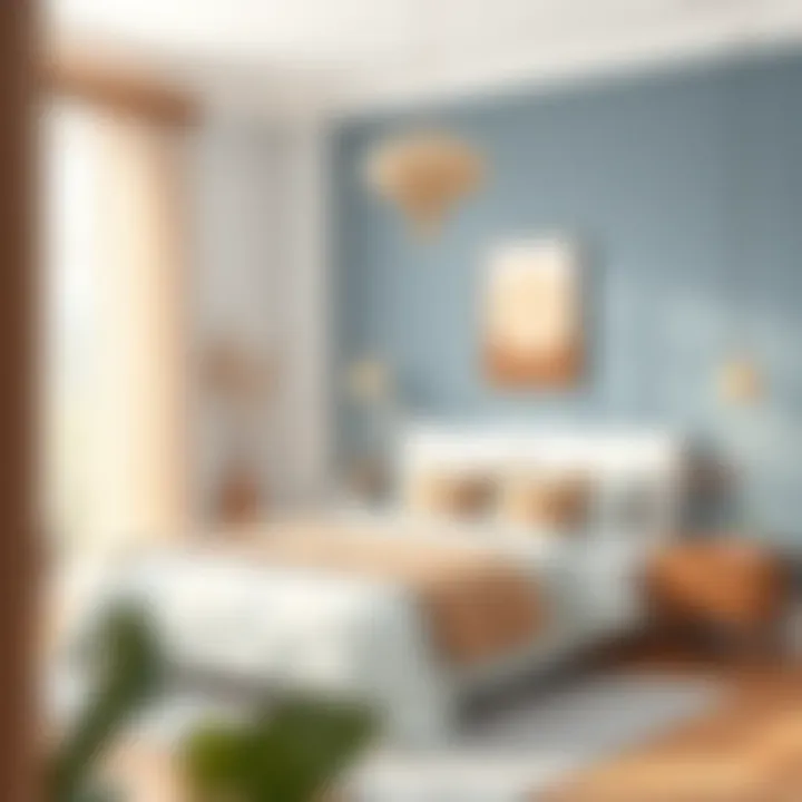 A serene bedroom designed with calming blue and warm beige tones