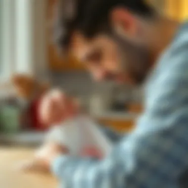 Examining a Stained Cloth A person examining a stained kitchen cloth