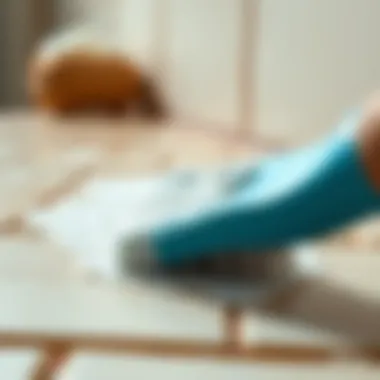 Close-up of a tile being scrubbed clean
