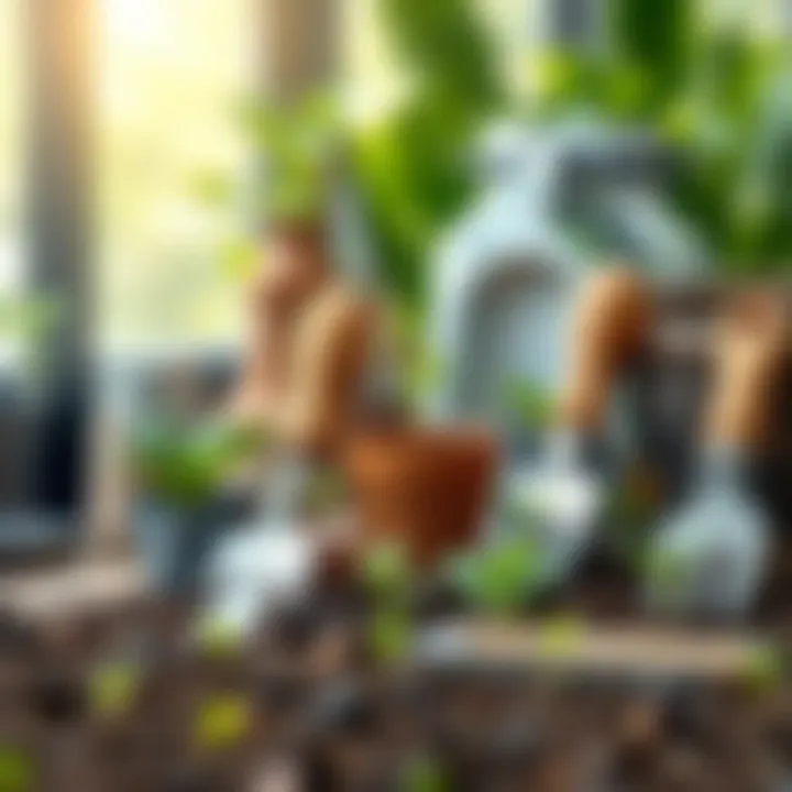 Essential tools and materials for planting seedlings arranged neatly