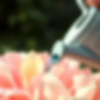 Close-up of watering can pouring water on delicate petals