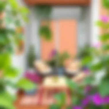 Functional small balcony featuring multi-purpose furniture and vibrant plants