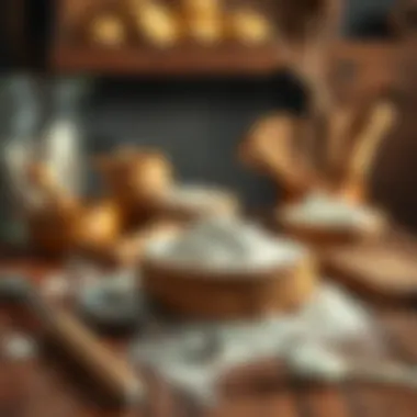 A rustic wooden table adorned with flour and baking tools