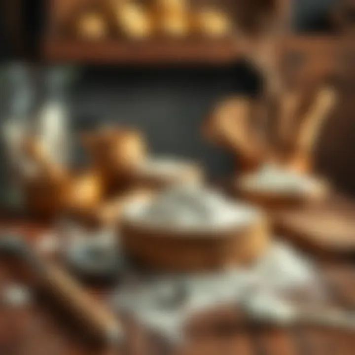 A rustic wooden table adorned with flour and baking tools